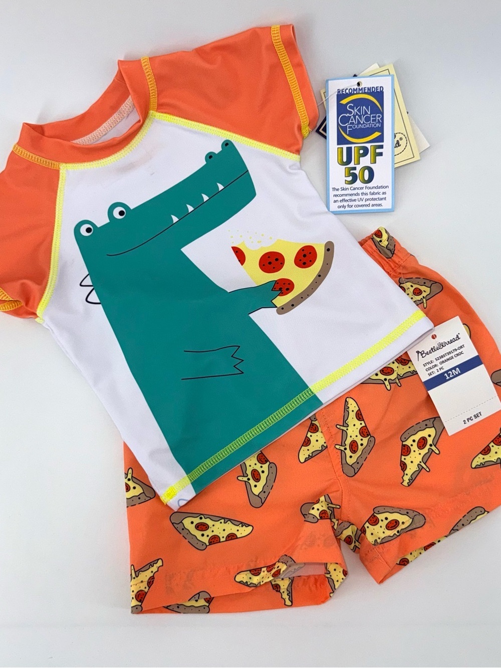 Beetle & Thread Baby Boys Orange Croc Pizza Rash Guard Swim Set - UPF 50